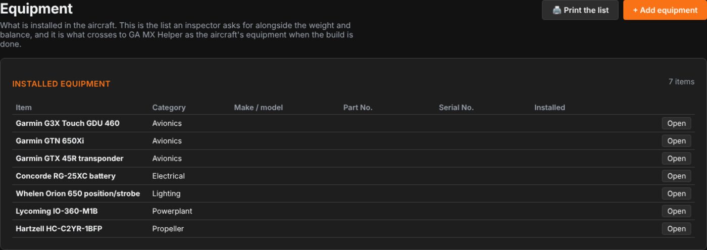 Equipment recorded as it is fitted, with weight and arm