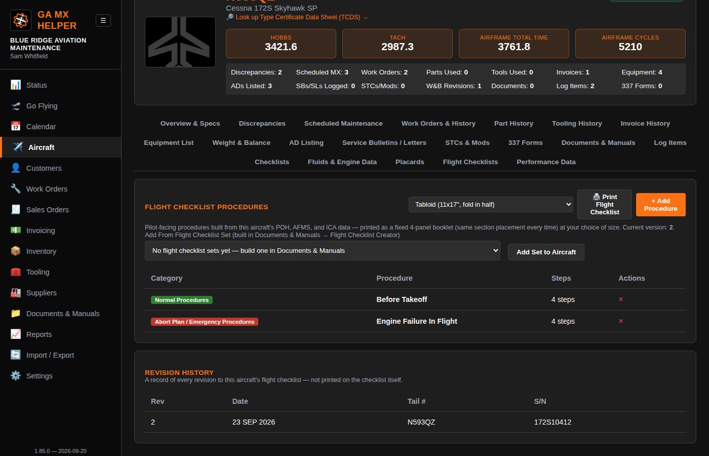 Flight Checklists tab