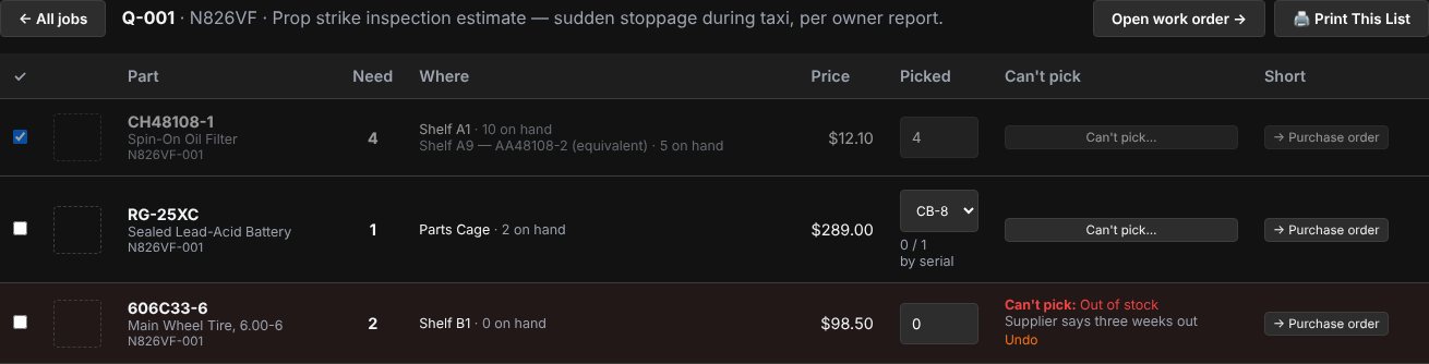 Pick list for one work order