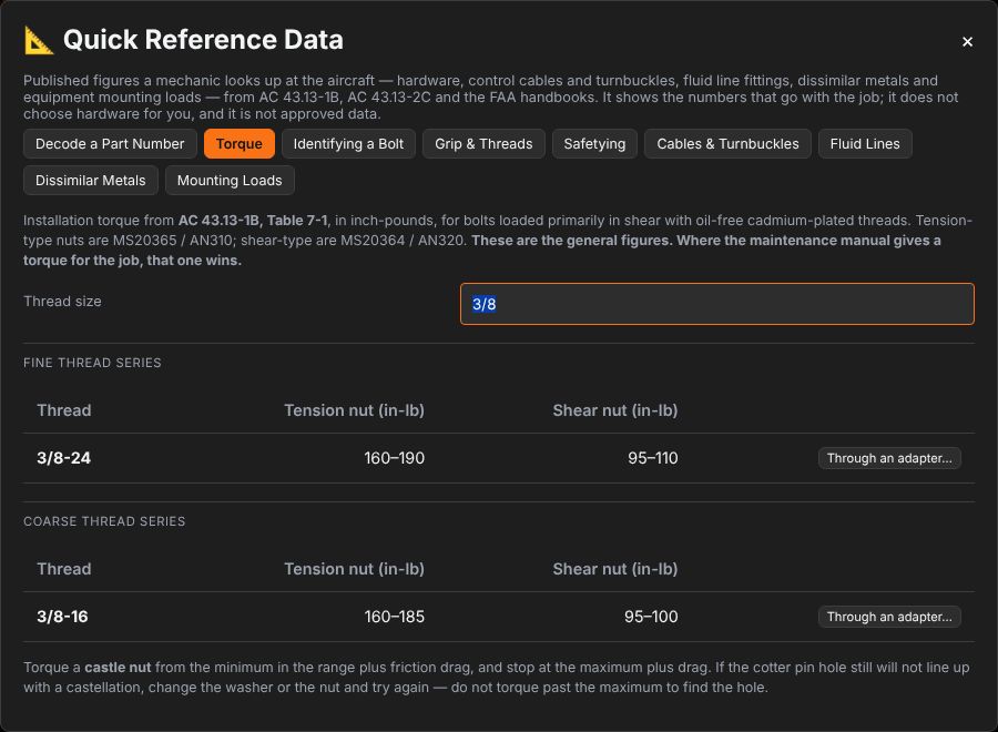 Quick reference data — torque table