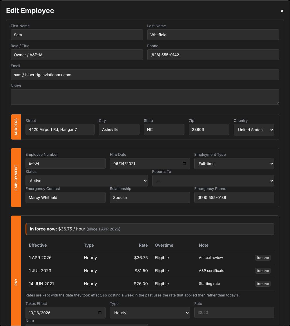 Employee record — pay history and service log