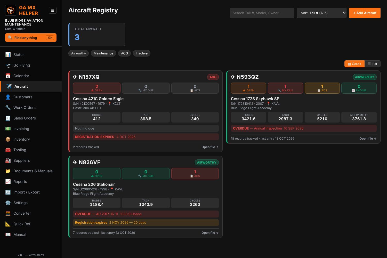 Aircraft registry as cards